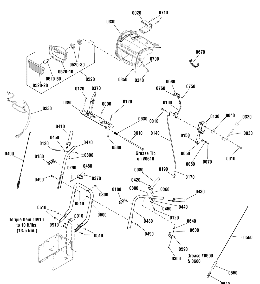 Handles And Controls Group Diagram and Parts List for 1695931 2010 Briggs and Stratton Snow Blower